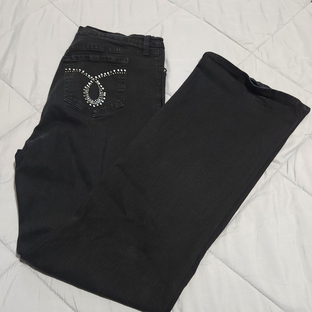 NYDJ Tummy Tuck Jeans Womens 14 Black Bootcut Rhinestone Made USA 4568R